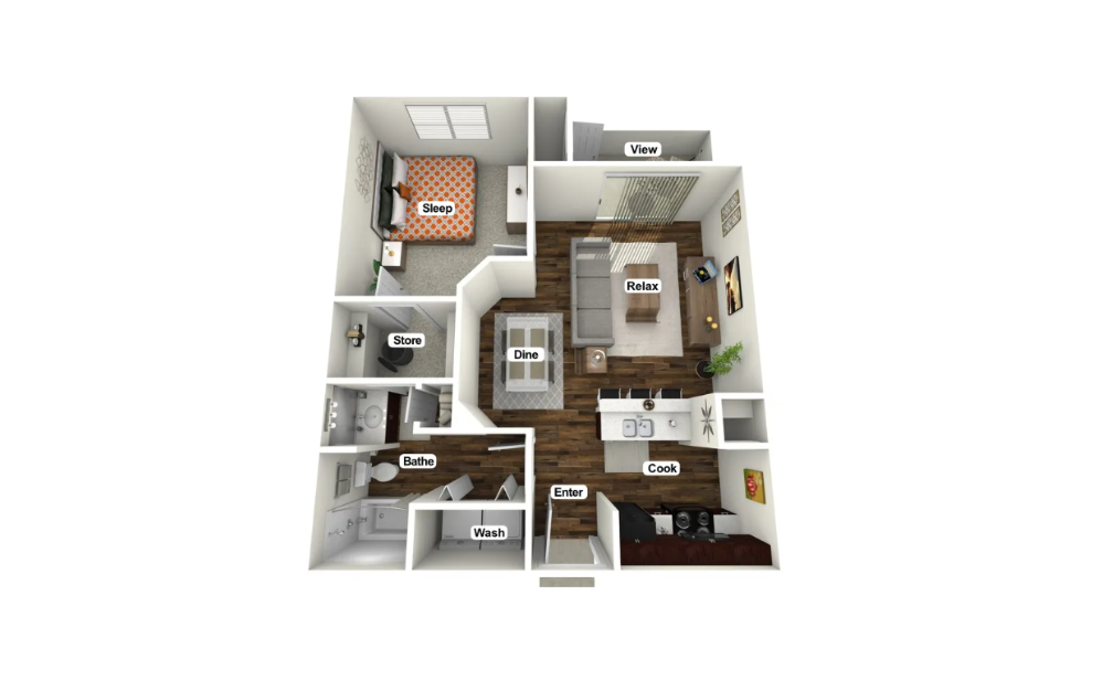 A1 - 1 bedroom floorplan layout with 1 bathroom and 633 square feet