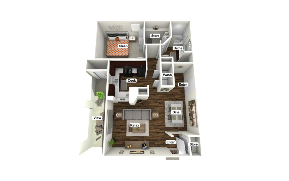 A2 - 1 bedroom floorplan layout with 1 bathroom and 791 - 888 square feet