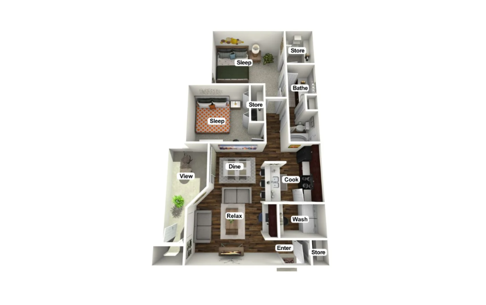 B1 - 2 bedroom floorplan layout with 1 bathroom and 953 square feet