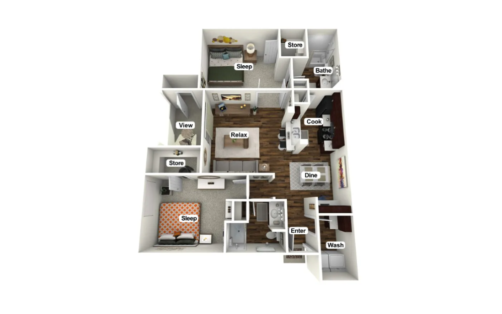 B2 - 2 bedroom floorplan layout with 2 bathrooms and 1039 square feet