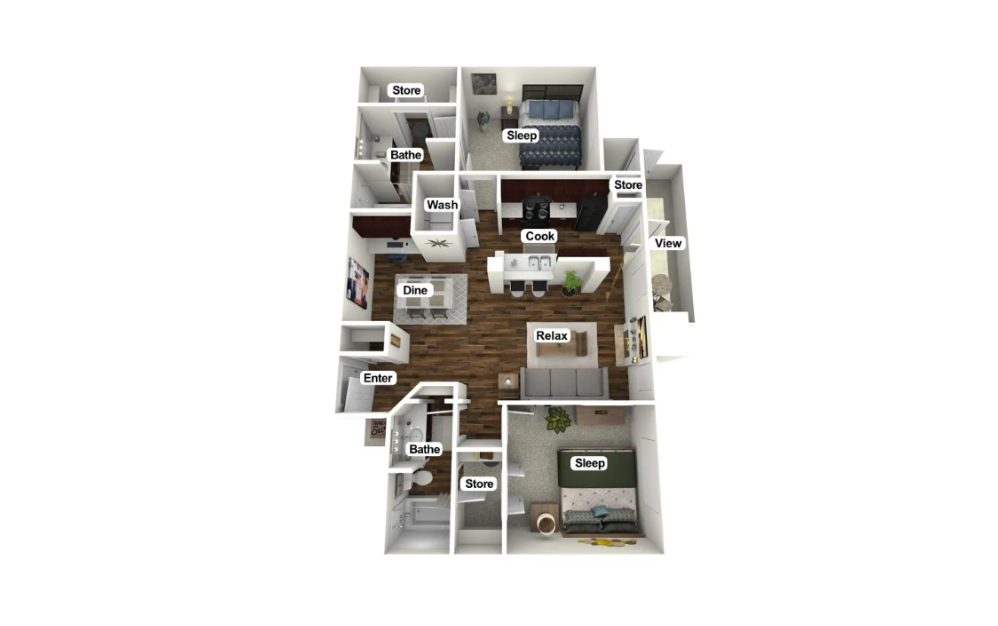 B3 - 2 bedroom floorplan layout with 2 bathrooms and 1081 - 1171 square feet