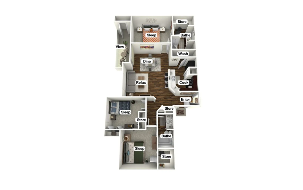 C1 - 3 bedroom floorplan layout with 2 bathrooms and 1253 - 1349 square feet